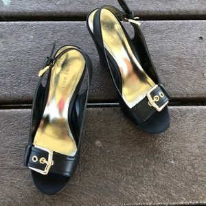 Nine West black and brown buckle wedges